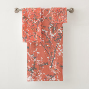 モダン抽象芸術エレガントワイルドフラワーテラコッタレッド バスタオルセット