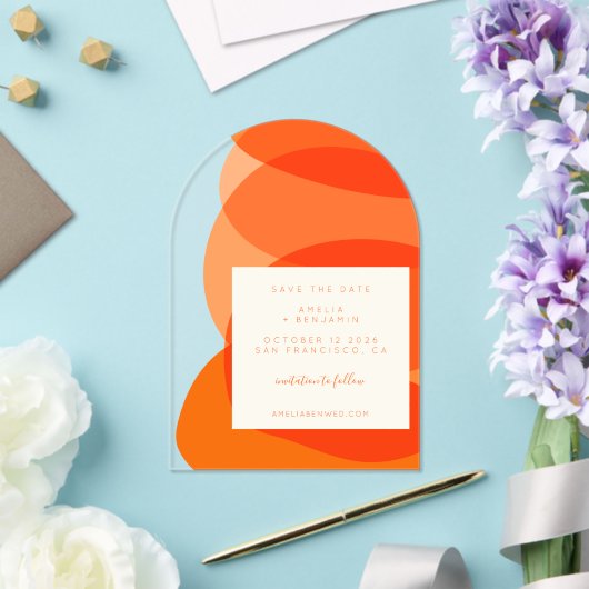 モダン抽象芸術オユニークレンジアーチ日付の保存 アクリル招待状 (インサイチュ (ウェディング))