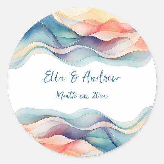 モダン抽象芸術カラー波ブルー結婚ホワイト ラウンドシール (正面)