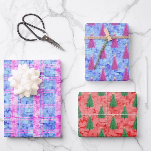 モダン抽象芸術クリスマスツリーのパターンの水色 ラッピングペーパーシート (正面)