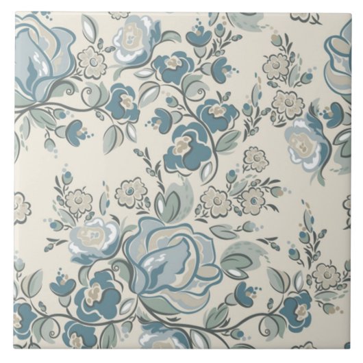 モダン抽象芸術クリームブルーフローラセラミックタイル タイル (正面)