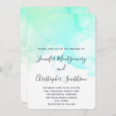 モダン抽象芸術グリーンとブルーのウォーター結婚カラー 招待状 (正面/裏面)