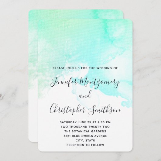 モダン抽象芸術グリーンとブルーのウォーター結婚カラー 招待状 (正面/裏面)
