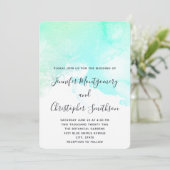 モダン抽象芸術グリーンとブルーのウォーター結婚カラー 招待状 (スタンド正面)