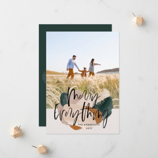 モダン抽象芸術グリーン1写真クリスマス休暇 案内状 (正面/裏面インサイチュ)