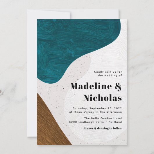 モダン抽象芸術シェイプのティール(緑がかった色)とブ結婚ラウン 招待状 (正面)
