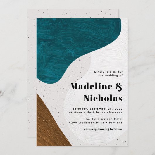 モダン抽象芸術シェイプのティール(緑がかった色)とブ結婚ラウン 招待状 (正面/裏面)
