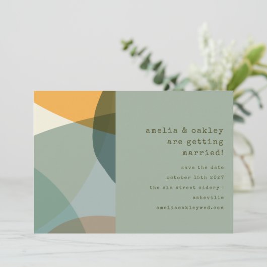 モダン抽象芸術シェイプSageティール(緑がかった色)ユニーク結婚の セーブザデート (スタンド正面)