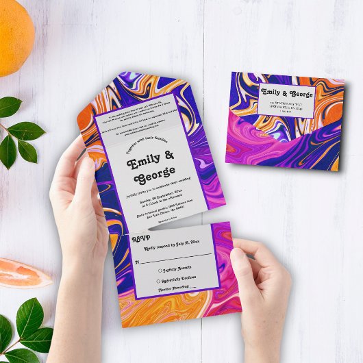 モダン抽象芸術スタイリッシュ銀河系ウェーブシック結婚ス オールインワン招待状