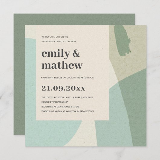 モダン抽象芸術ソフトアクアブルーアート婚約 招待状 (正面/裏面)