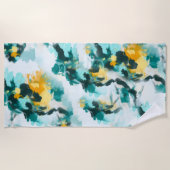 モダン抽象芸術ティール（緑がかった色）と黄絵を描デザインTh ビーチタオル (正面)