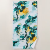 モダン抽象芸術ティール（緑がかった色）と黄絵を描デザインTh ビーチタオル (正面)