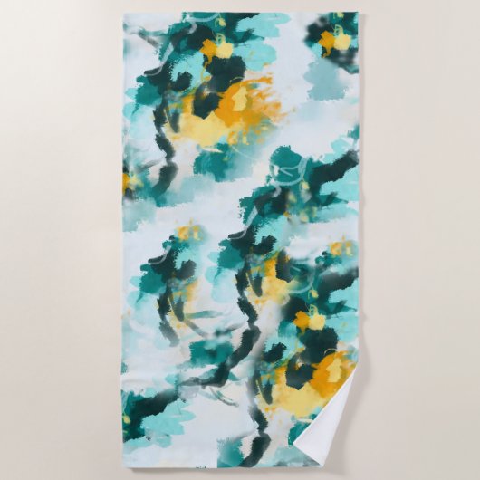 モダン抽象芸術ティール（緑がかった色）と黄絵を描デザインTh ビーチタオル (正面)