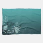 モダン抽象芸術ティール(緑がかった色)フローラ キッチンタオル (横)