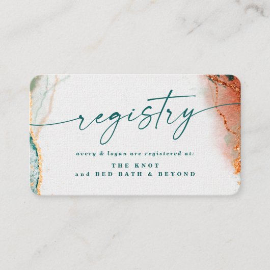 モダン抽象芸術ティール（緑がかった色）及び銅結婚の登録簿 エンクロージャーカード (正面)