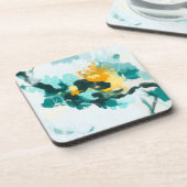 モダン抽象芸術ティール（緑がかった色）及び黄絵を描デザイン コースター (左側)