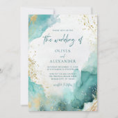 モダン抽象芸術ティール（緑がかった色）金ゴールドビーチ結婚式 招待状 (正面)