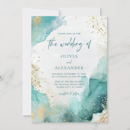 モダン抽象芸術ティール（緑がかった色）金ゴールドビーチ結婚式 招待状 (正面)