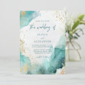 モダン抽象芸術ティール（緑がかった色）金ゴールドビーチ結婚式 招待状 (スタンド正面)
