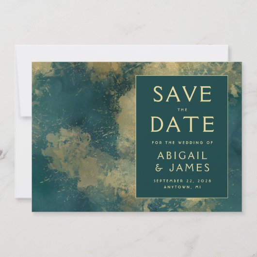 モダン抽象芸術ティール（緑がかった色）金ゴールド結婚式日付の保存 招待状 (正面)