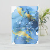 モダン抽象芸術ネイビー青金ゴールドウォーター結婚カラー 招待状 (スタンド正面)