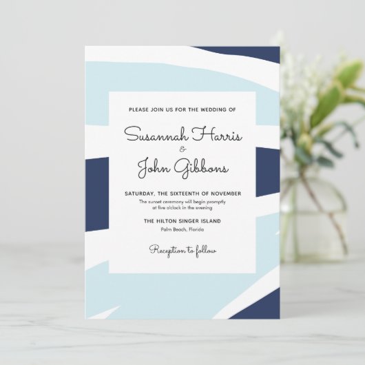 モダン抽象芸術ネイビー&ライトブルー結婚ズ 招待状 (スタンド正面)