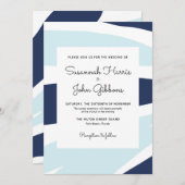 モダン抽象芸術ネイビー&ライトブルー結婚ズ 招待状 (正面/裏面)