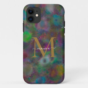 モダン抽象芸術ネオンカラフル金ゴールドモノグラム名 iPhone 11 ケース
