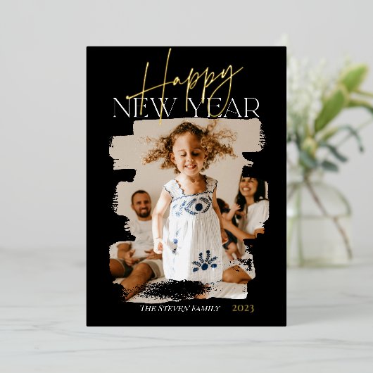 モダン抽象芸術ハッピーニューイヤー筆頭黒 箔シーズンカード (立ち正面)
