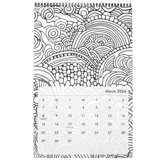 モダン抽象芸術パターンの色付け – 白黒 カレンダー (3月 2026)