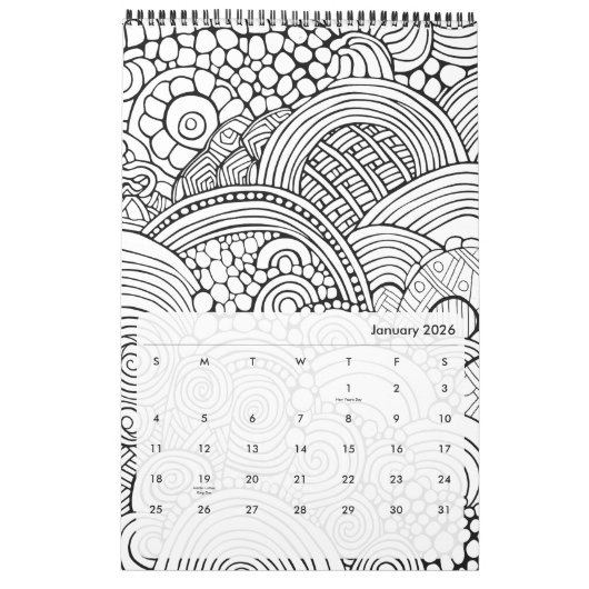 モダン抽象芸術パターンの色付け – 白黒 カレンダー (1月 2026)