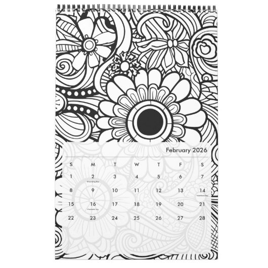 モダン抽象芸術パターンの色付け – 白黒 カレンダー (2月 2026)