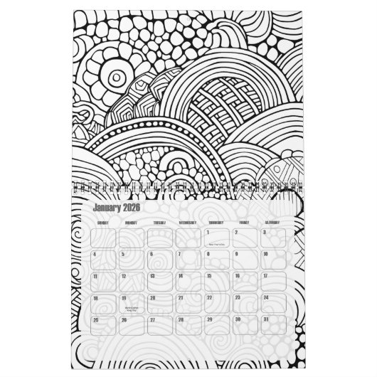 モダン抽象芸術パターンの色付け – 白黒 カレンダー (1月 2026)