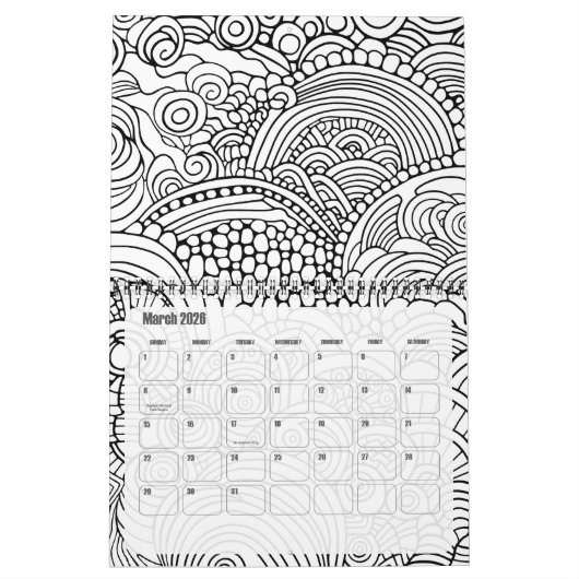 モダン抽象芸術パターンの色付け – 白黒 カレンダー (3月 2026)