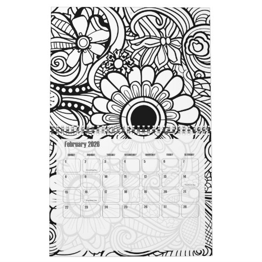 モダン抽象芸術パターンの色付け – 白黒 カレンダー (2月 2026)