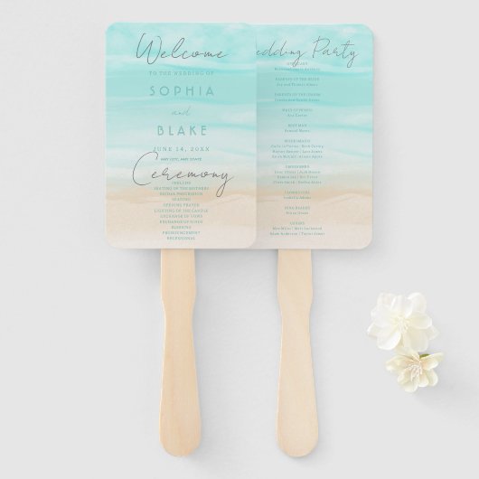 モダン抽象芸術ビーチ結婚式プログラム ハンドファン (正面&裏面)