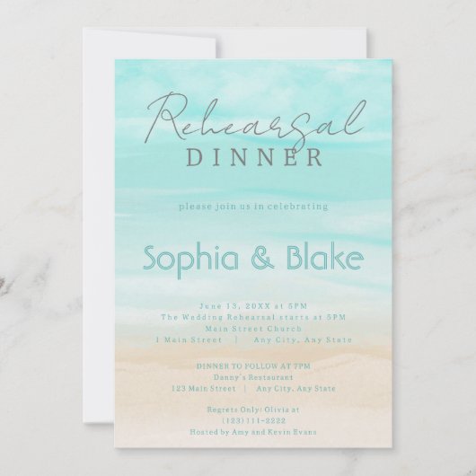 モダン抽象芸術ビーチ結婚式リハーサル夕食会 招待状 (正面)
