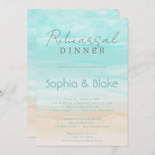 モダン抽象芸術ビーチ結婚式リハーサル夕食会 招待状 (正面/裏面)