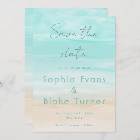 モダン抽象芸術ビーチ結婚式日付の保存 招待状 (正面/裏面)