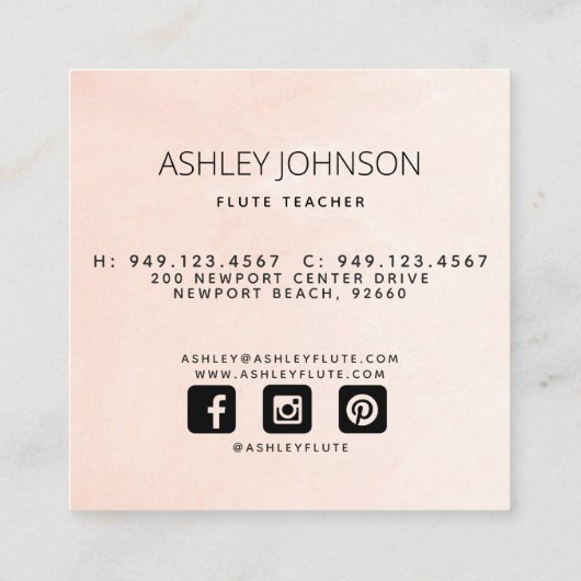 モダン抽象芸術フルート先生赤面&ネイビーソーシャル スクエア名刺 (裏面)