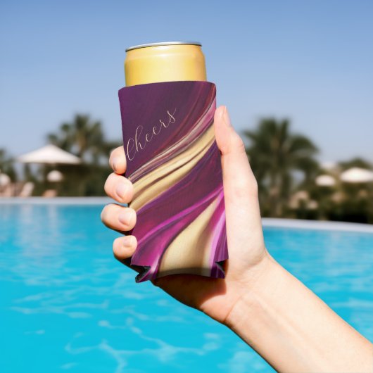 モダン抽象芸術フローアート – 明るい赤紫色紫と金ゴールド スリム缶クーラー (インサイチュ プール)