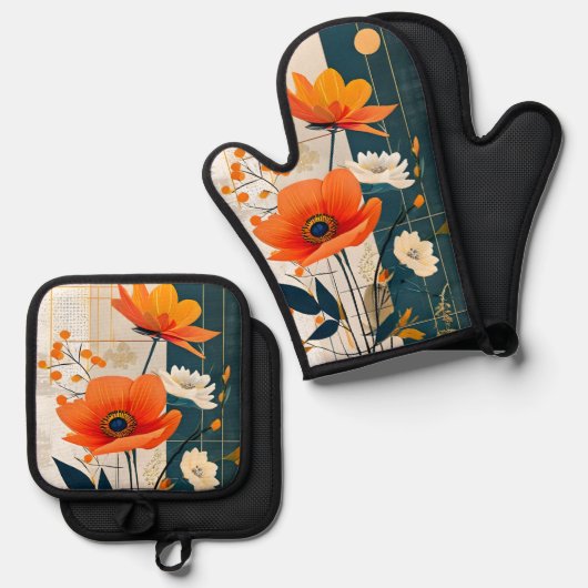 モダン抽象芸術フローラ(オレンジとブラック) 鍋つかみ&鍋敷きセット (正面/裏面)