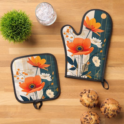 モダン抽象芸術フローラ（オレンジとブラック） 鍋つかみ&鍋敷きセット (トップダウン)