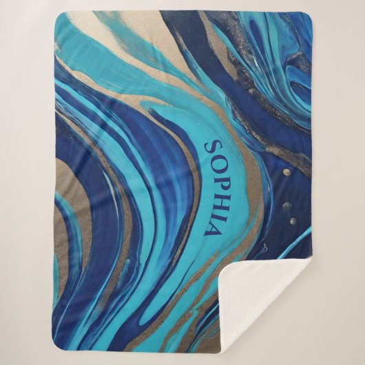 モダン抽象芸術フローArt-Blueおよび金ゴールド- シェルパブランケット (正面)