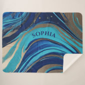 モダン抽象芸術フローArt-Blueおよび金ゴールド- シェルパブランケット (正面(横))