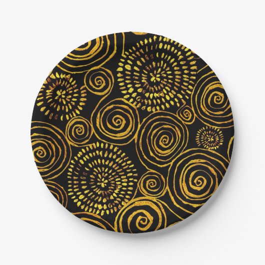 モダン抽象芸術ブラックと金ゴールドの幾何学的パターン ペーパープレート (正面)