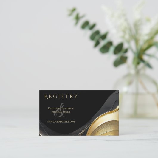 モダン抽象芸術ブラックと金ゴールドエレガントな結婚式 名刺 (スタンド正面)