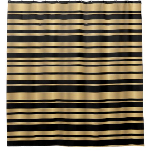 モダン抽象芸術ブラックと金ゴールドストライプの シャワーカーテン (正面)
