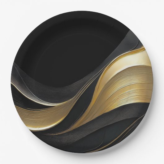 モダン抽象芸術ブラックと金ゴールド ペーパープレート (正面)