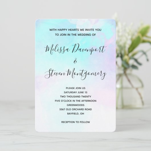 モダン抽象芸術ブルーとパープルの水色 招待状 (スタンド正面)